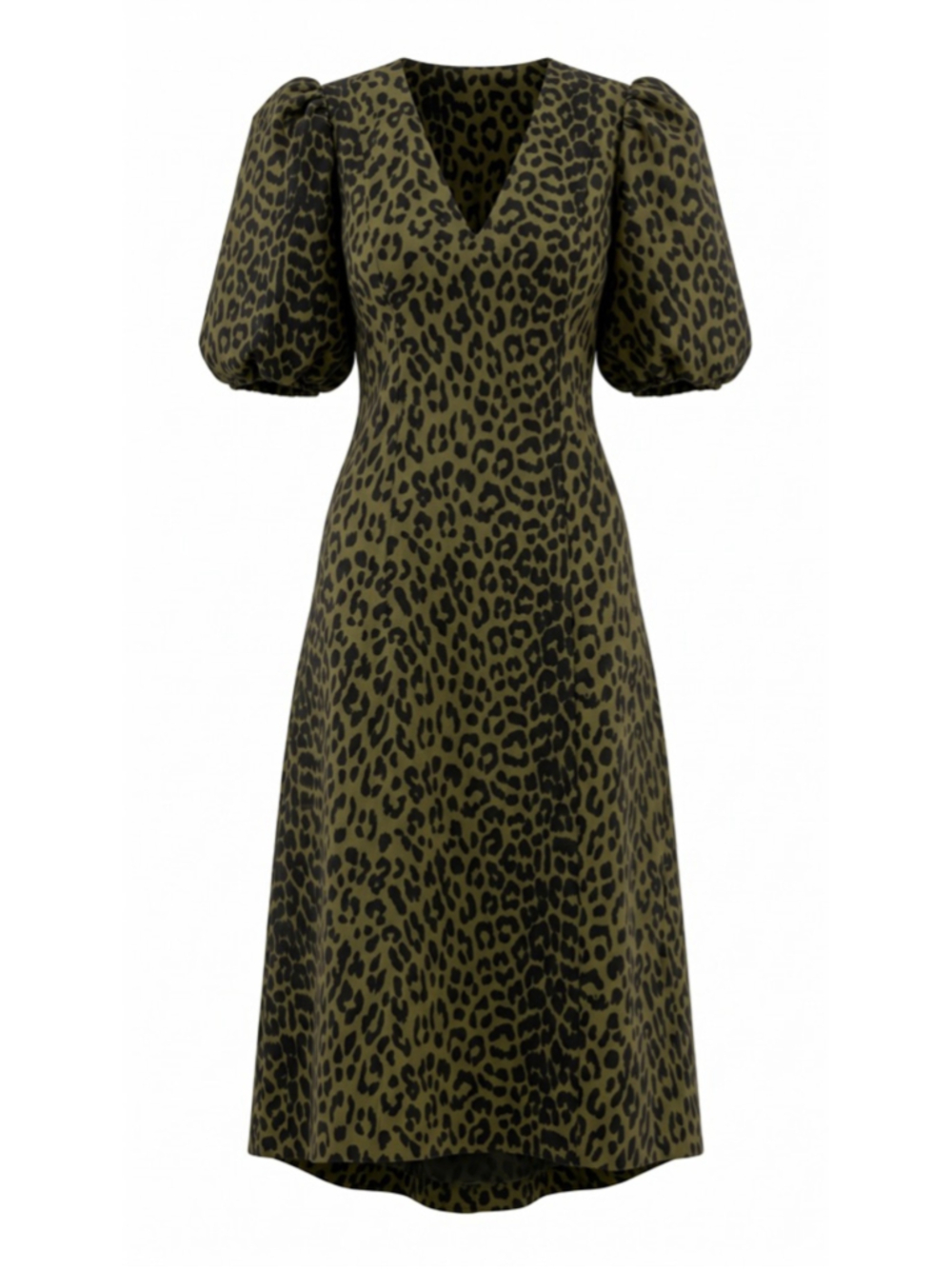 GANNI Leopard Crispy Jacquard Puff Sleeve Midi Dress Size 29, NWT